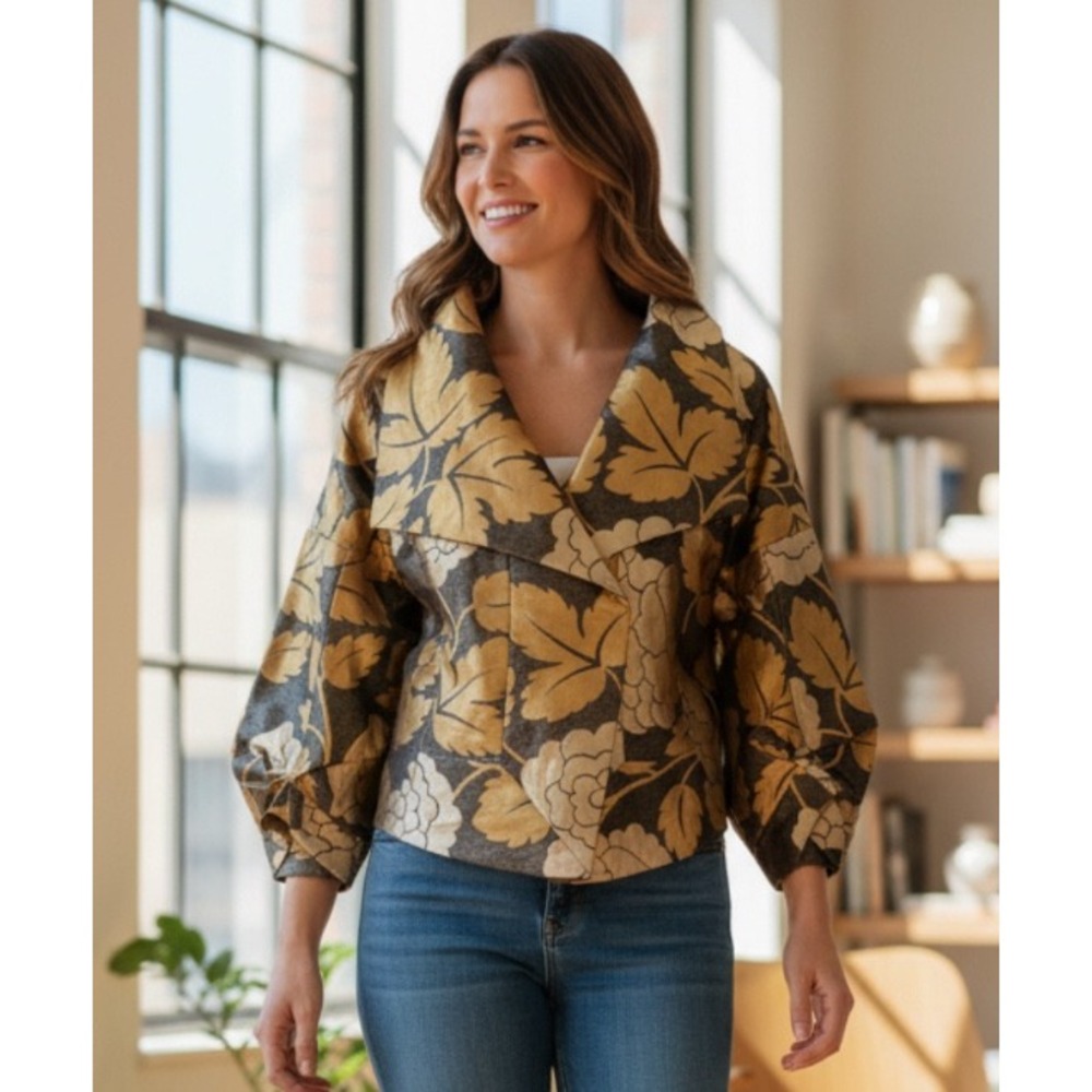 Chelsea & Theodore Harlow Jacket Gold Black Floral Brocade Shawl Collar Size 6